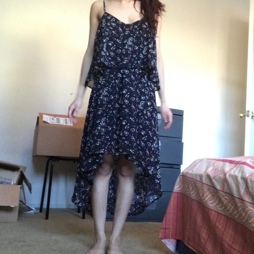 Navy blue floral flowy high low dress